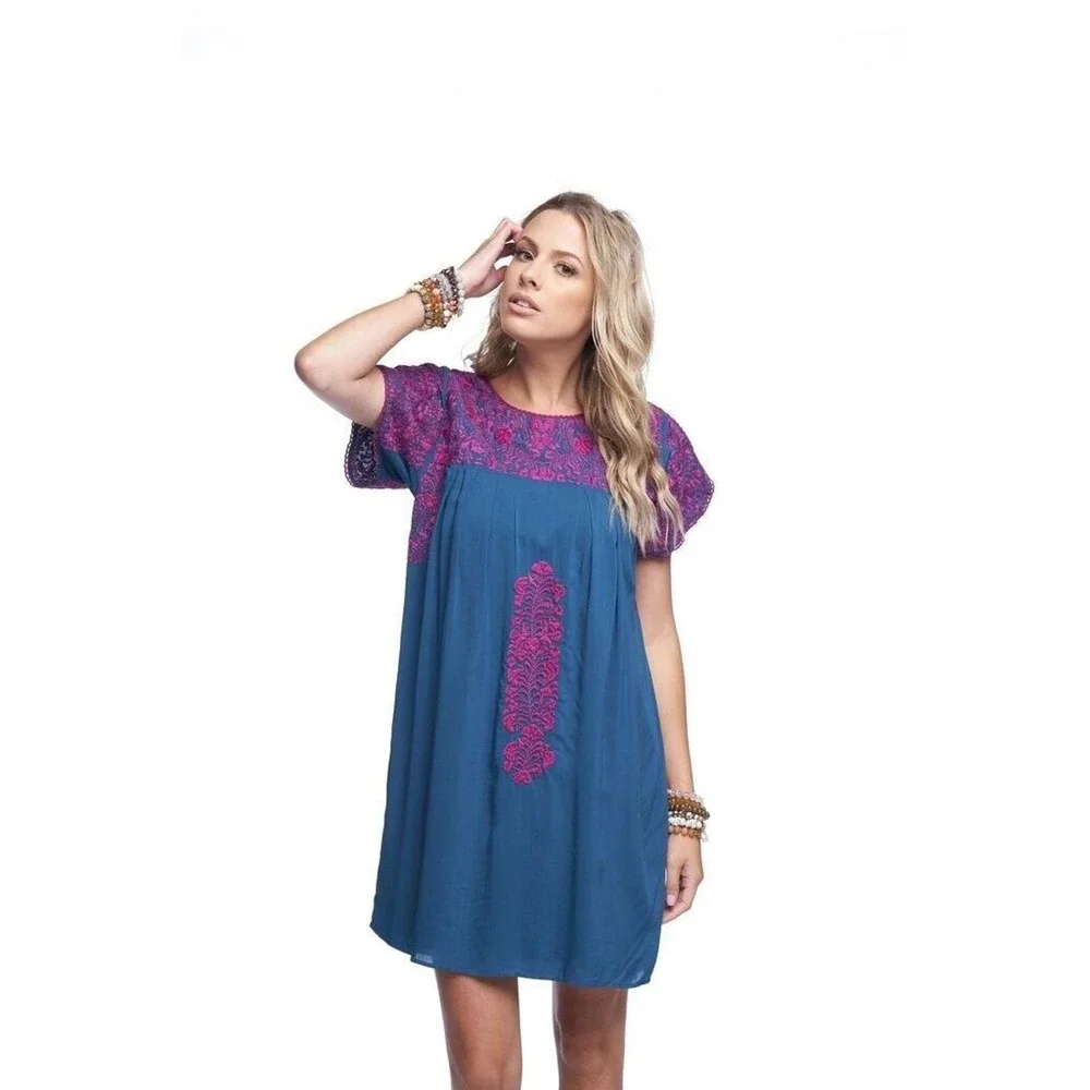 BuddyLove Buddy Love Embroidered Carolina Dress Navy Magenta Rayon Boho Size XS - Picture 1 of 16